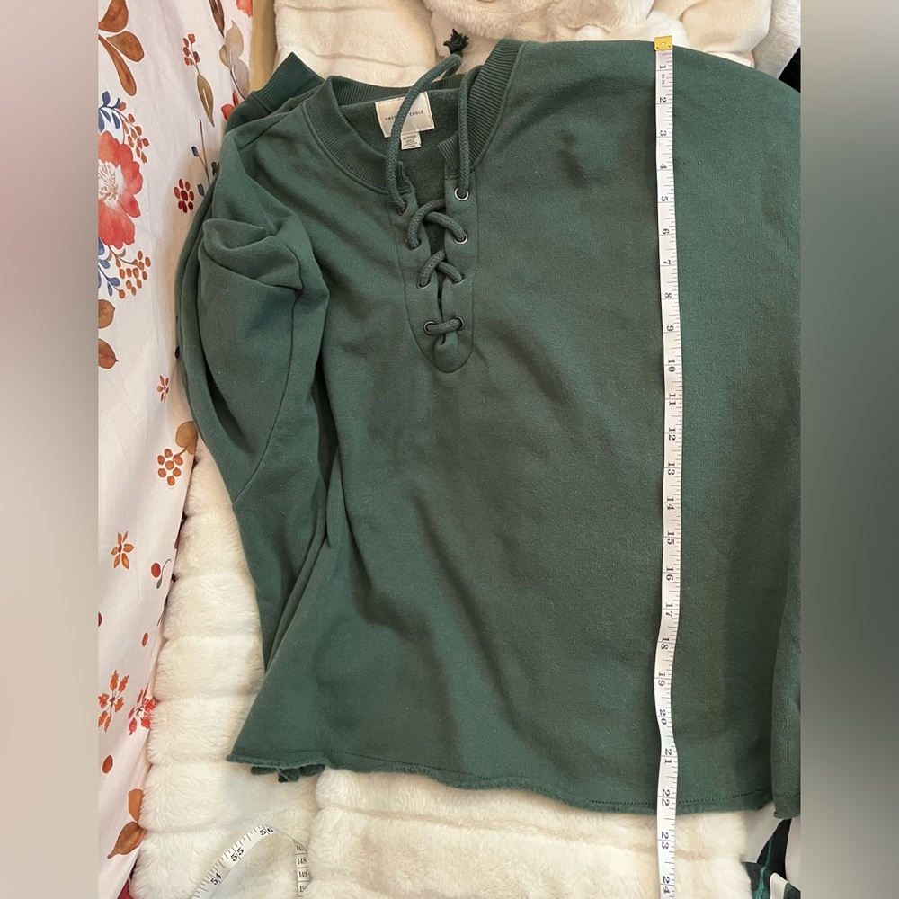 American Eagle Women XL Oversize Dark Hunter Green LaceUp Cozy Travel Sweatshirt - Picture 6 of 8